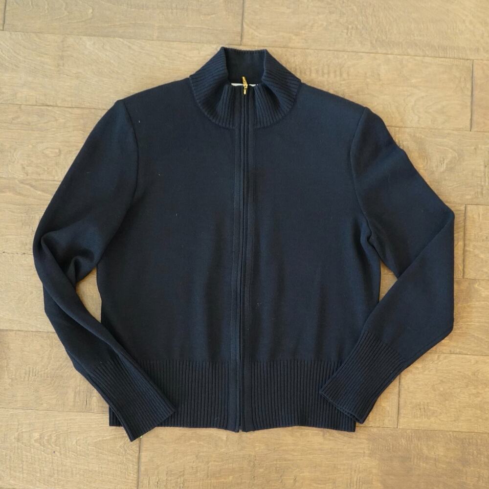 ST.JOHN SPORT Marie Gray Wool Blend Santana Knit Bomber Jacket Zip-Up Black Sz.M